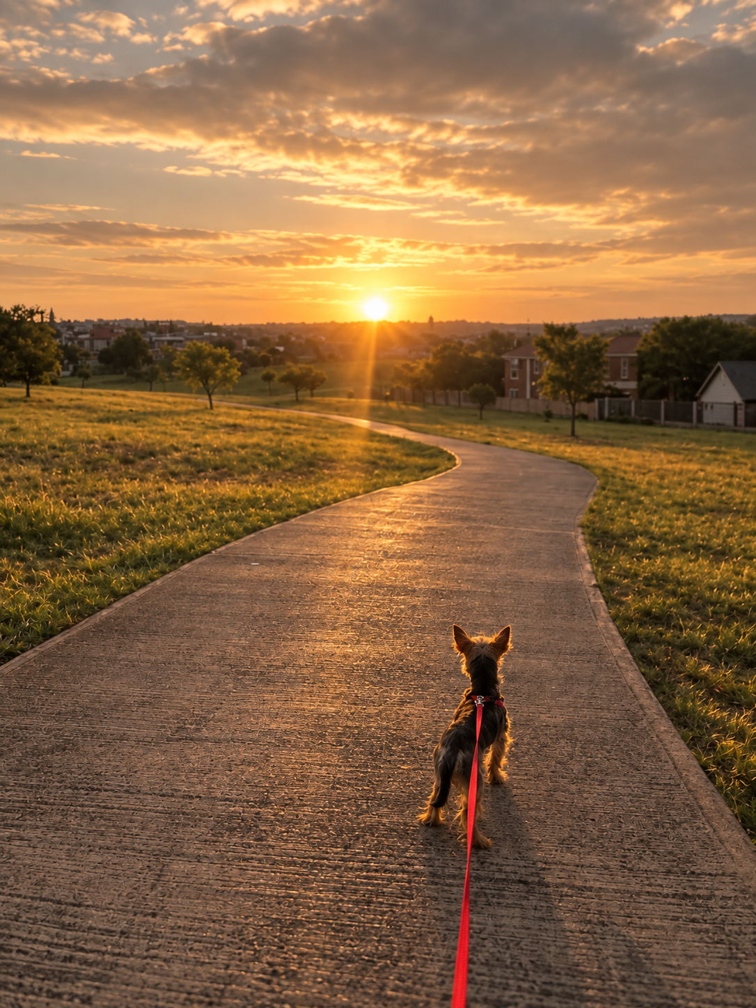 Roscoe walking towards the setting sun